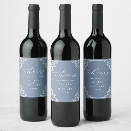 Elegante stoffige blauwe huwelijks wijnfleslabels wijn etiket (Flessen)