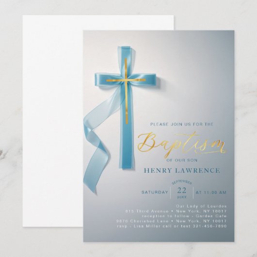 Elegante stoffige blauwe jongen doop uitnodiging (Voorkant / Achterkant)