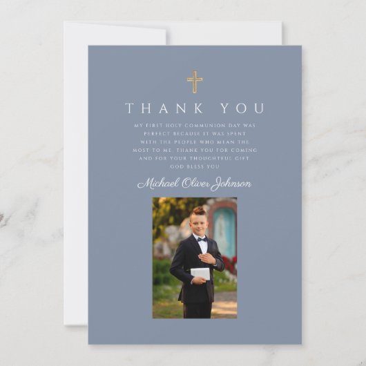 Elegante stoffige blauwe katholieke jongen eerste  bedankkaart (Voorkant)