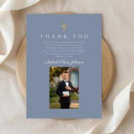 Elegante stoffige blauwe katholieke jongen eerste  bedankkaart