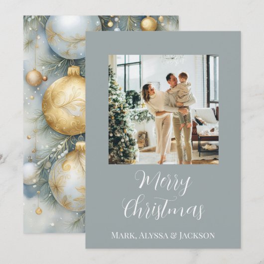 Elegante stoffige blauwe kerstballen Familiefoto Feestdagenkaart (Voorkant / Achterkant)