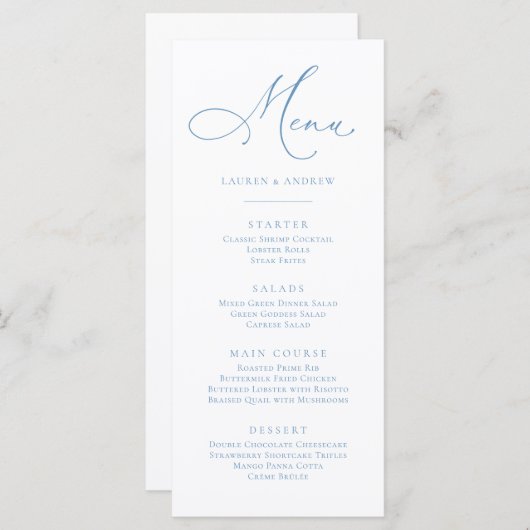 Elegante stoffige blauwe lichtblauwe minimalistisc menu (Voorkant / Achterkant)