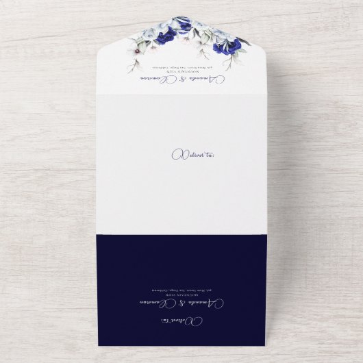 Elegante stoffige blauwe marine bloemenboog bruilo all in one uitnodiging (Buitenkant)