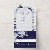 Elegante stoffige blauwe marine bloemenboog bruilo all in one uitnodiging (Binnen)