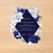 Elegante stoffige blauwe marine bloemenbruiloft acryl uitnodigingen (Voorkant)