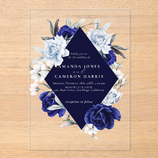 Elegante stoffige blauwe marine bloemenbruiloft acryl uitnodigingen (Voorkant)
