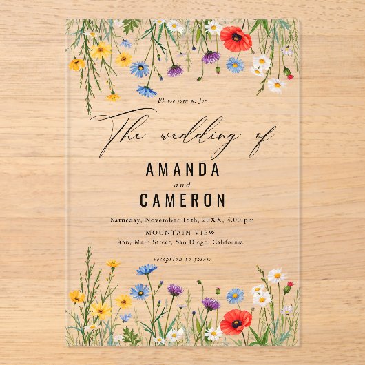 Elegante stoffige blauwe marine bloemenbruiloft acryl uitnodigingen (Voorkant)