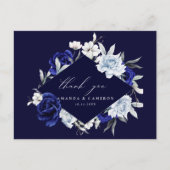 Elegante stoffige blauwe marine bloemenbruiloft be briefkaart (Voorkant)