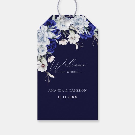 Elegante stoffige blauwe marine bloemenbruiloft cadeaulabel (Voorkant)
