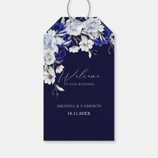 Elegante stoffige blauwe marine bloemenbruiloft cadeaulabel (Achterkant)