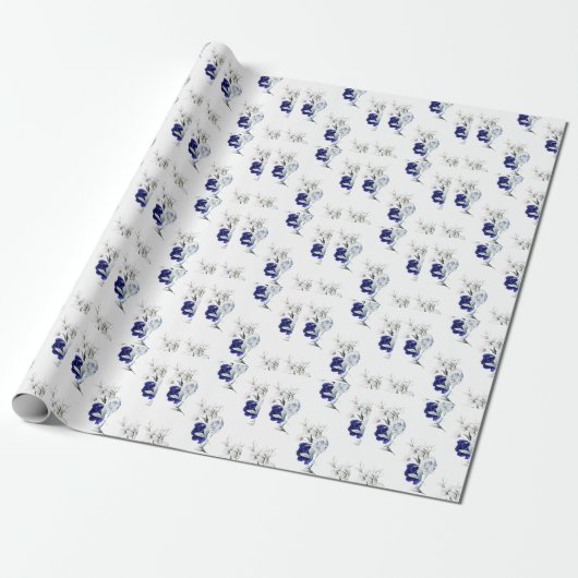 Elegante stoffige blauwe marine bloemenbruiloft cadeaupapier (Uitgerold)