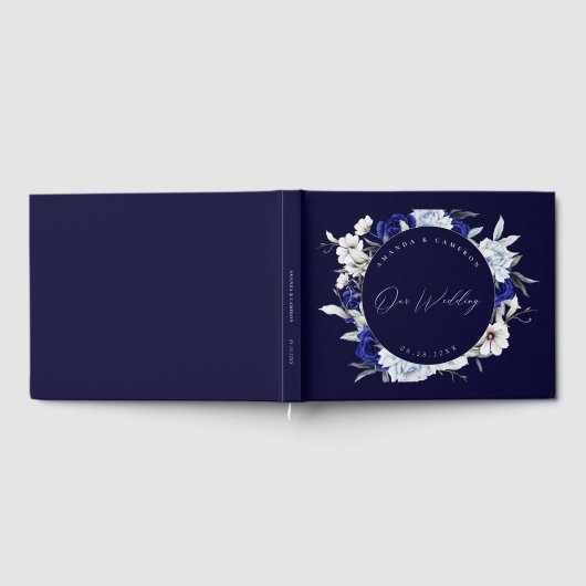 Elegante stoffige blauwe marine bloemenbruiloft gastenboek (Volledig)