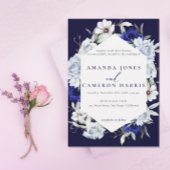 Elegante stoffige blauwe marine bloemenbruiloft kaart