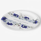 Elegante stoffige blauwe marine bloemenbruiloft papieren bordje (Gekanteld)