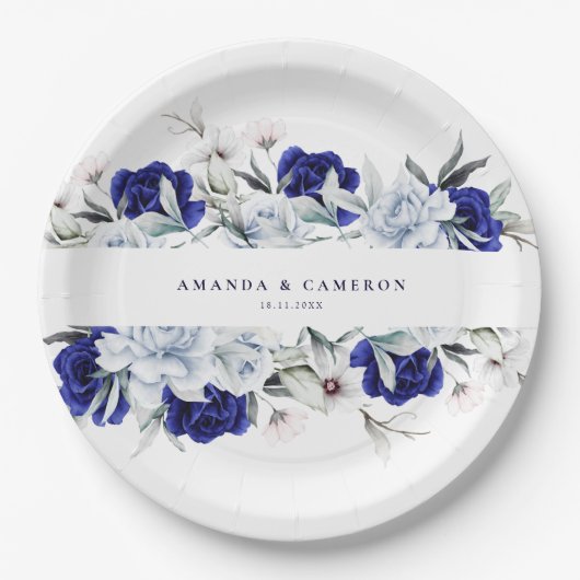 Elegante stoffige blauwe marine bloemenbruiloft papieren bordje (Voorkant)