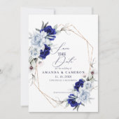 Elegante stoffige blauwe marine bloemenbruiloft save the date (Voorkant)