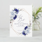 Elegante stoffige blauwe marine bloemenbruiloft save the date (Staand voorkant)
