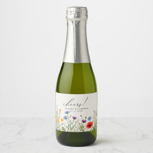 Elegante stoffige blauwe marine bloemenbruiloft sparkling wijnetiket (Voorkant)