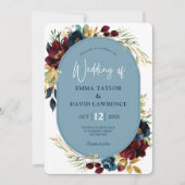 Elegante stoffige blauwe marine bordeauxrode bloem kaart (Voorkant)