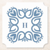 Elegante stoffige blauwe monogram script kartonnen onderzetters (Voorkant)