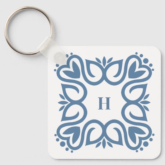 Elegante stoffige blauwe monogram script sleutelhanger (Voorkant)