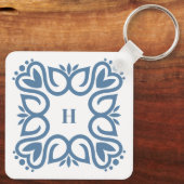 Elegante stoffige blauwe monogram script sleutelhanger (Achterkant)