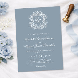 Elegante stoffige blauwe monogram trouw crest kaart