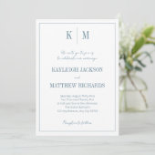 Elegante stoffige blauwe monogram trouw kaart (Staand voorkant)