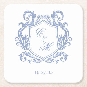 Elegante stoffige blauwe monogram wapenschild brui kartonnen onderzetters