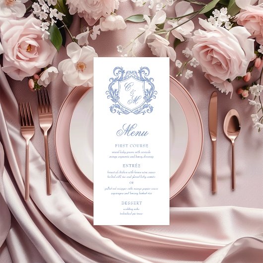 Elegante stoffige blauwe monogram wapenschild brui menu