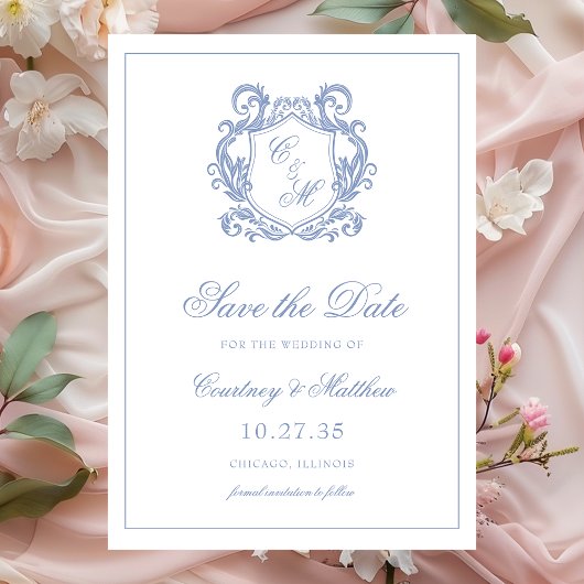 Elegante stoffige blauwe monogram wapenschild brui save the date