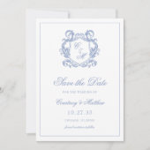 Elegante stoffige blauwe monogram wapenschild brui save the date (Voorkant)