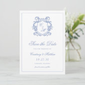 Elegante stoffige blauwe monogram wapenschild brui save the date (Staand voorkant)