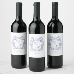 Elegante stoffige blauwe monogram wapenschild brui wijn etiket