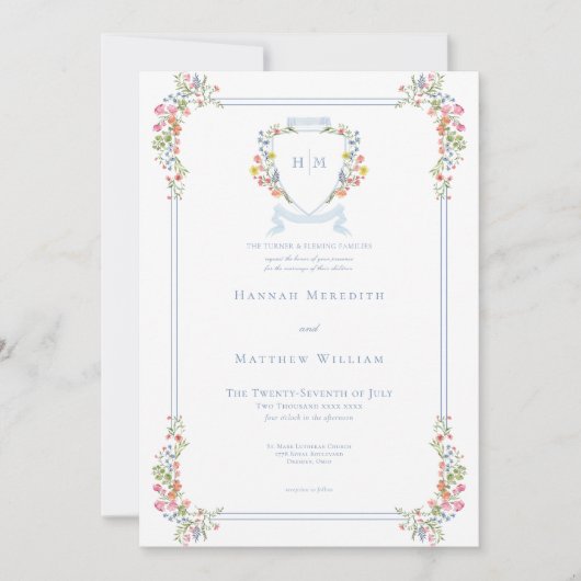 Elegante stoffige blauwe pastel Wildflower Crest b Kaart (Voorkant)