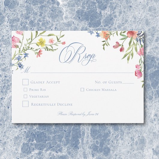 Elegante stoffige blauwe pastel Wildflower Crest b RSVP Kaartje