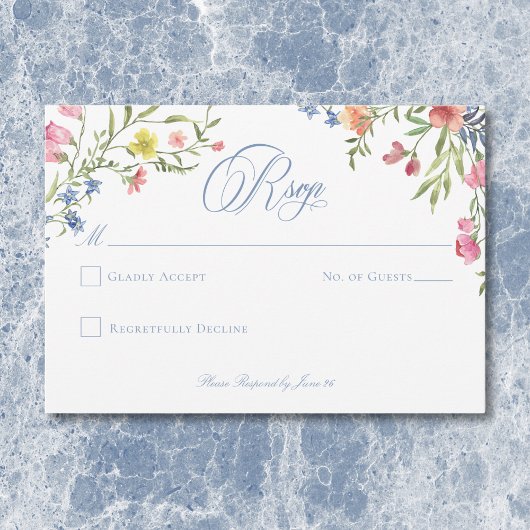 Elegante stoffige blauwe pastel Wildflower Crest b RSVP Kaartje