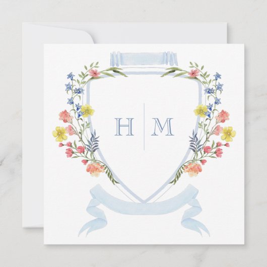 Elegante stoffige blauwe pastel Wildflower Crest b Save The Date (Achterkant)