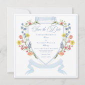 Elegante stoffige blauwe pastel Wildflower Crest b Save The Date (Voorkant)