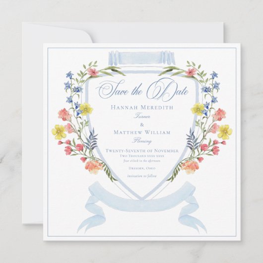 Elegante stoffige blauwe pastel Wildflower Crest b Save The Date (Voorkant)
