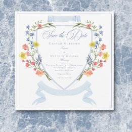 Elegante stoffige blauwe pastel Wildflower Crest b Save The Date