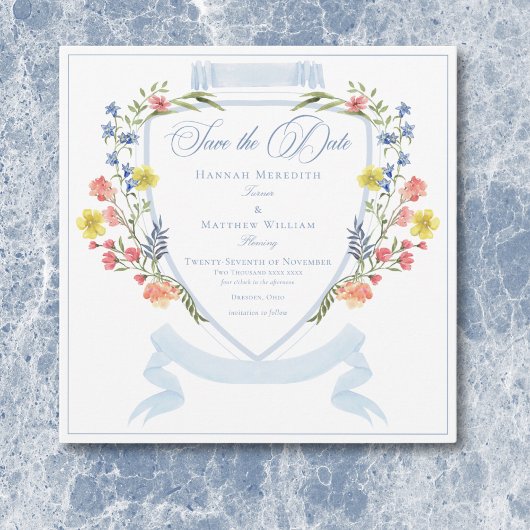 Elegante stoffige blauwe pastel Wildflower Crest b Save The Date