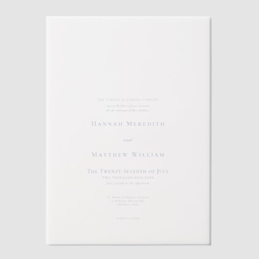 Elegante stoffige blauwe pastel Wildflower Crest b Vellum Uitnodigingen (Voorkant)