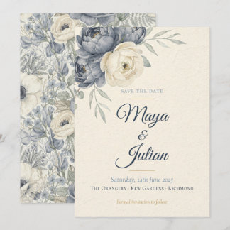 Elegante stoffige blauwe pioen Franse bloemige tro Save The Date