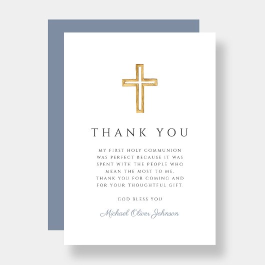 Elegante stoffige blauwe religieuze jongen eerste  bedankkaart