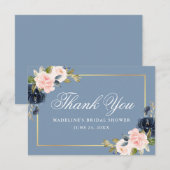 Elegante stoffige blauwe roze bloemige gouden brui bedankkaart (Voorkant / Achterkant)