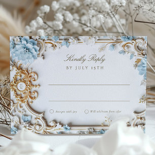 Elegante stoffige blauwe RSVP-kaart met barok goud Kaart