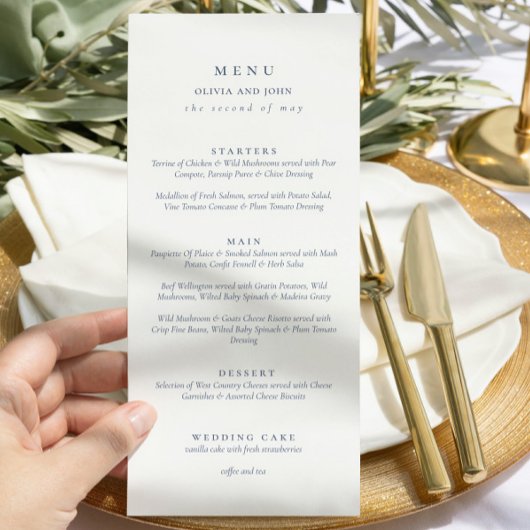 Elegante stoffige blauwe script dubbelzijdige trou menu