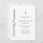Elegante stoffige blauwe script jongen eerste comm kaart (Voorkant)