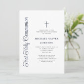 Elegante stoffige blauwe script jongen eerste comm kaart (Staand voorkant)